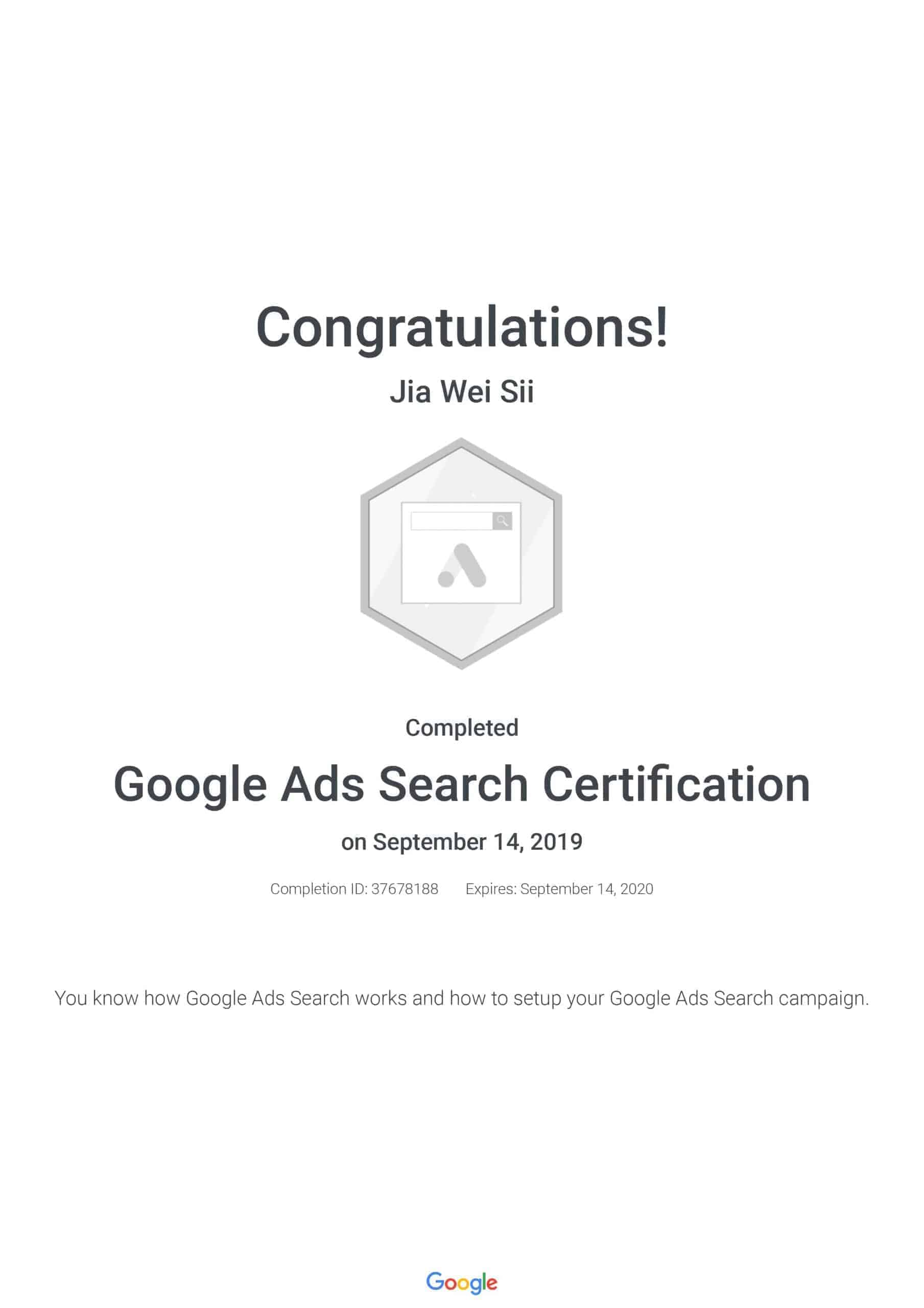 Google Ads Search Certification - Jia Wei