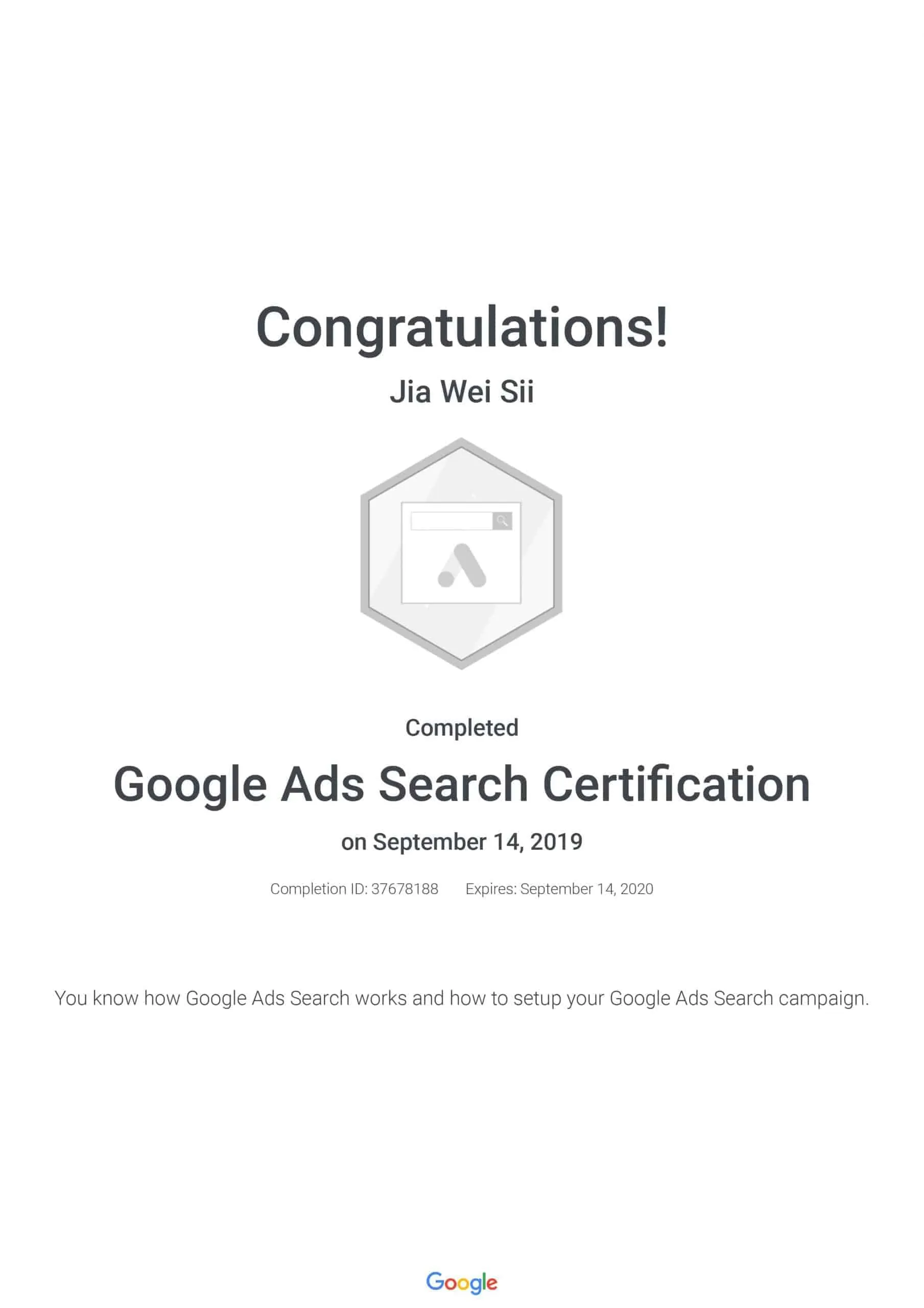 Google Ads Search Certification - Jia Wei