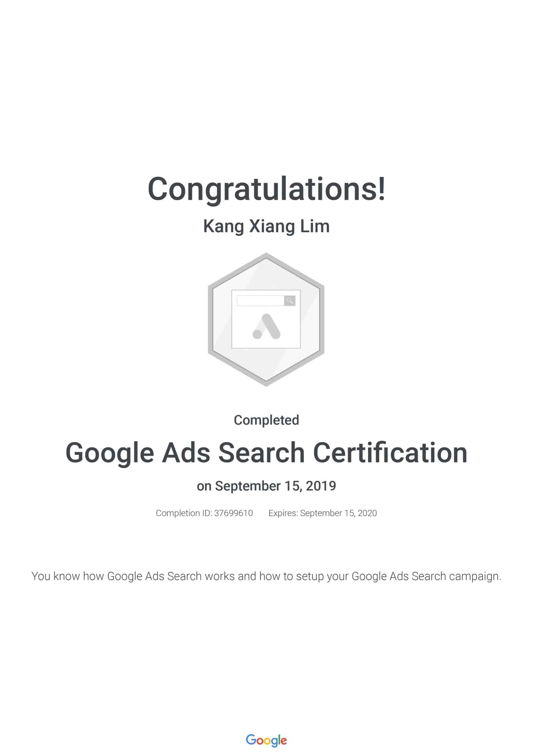 Google Ads Search Certification - Kang Xiang