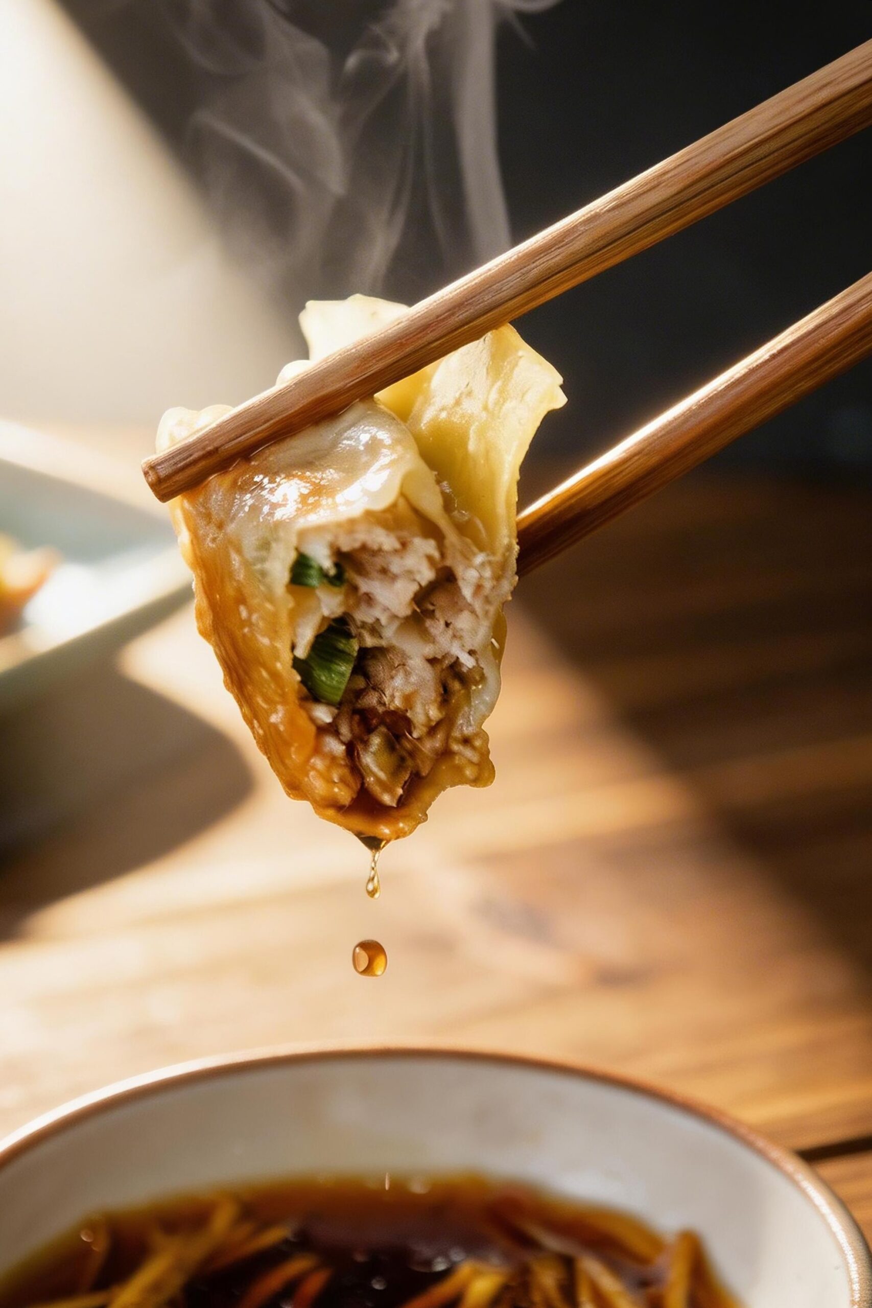 Asian dumpling being lifted with chopsticks, steam rising, close-up shot.